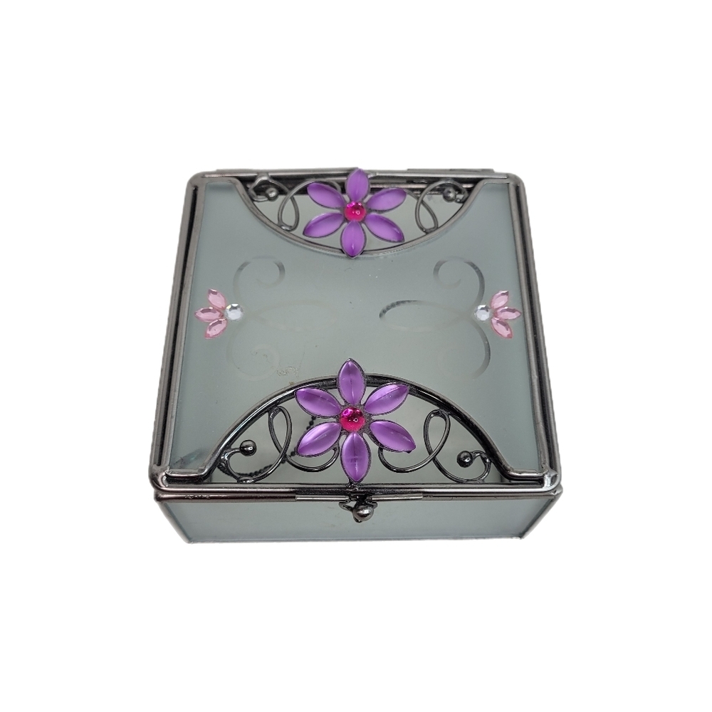Vintage Frosted Glass Jewelry Trinket Box with Hinged  Lid Pink Jewels Etched